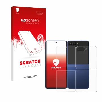Face avant d’un emballage produit avec le logo de la marque upscreen. À côté, l’appareil Samsung Galaxy Z Flip 7 (Avant+Arrièr
