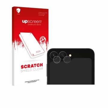 Face avant d’un emballage produit avec le logo de la marque upscreen. À côté, l’appareil Samsung Galaxy Z Flip 7 FE (Caméra UN