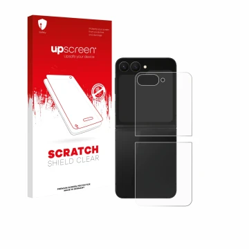 Face avant d’un emballage produit avec le logo de la marque upscreen. À côté, l’appareil Samsung Galaxy Z Flip 7 FE (Arrière) 