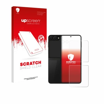 Face avant d’un emballage produit avec le logo de la marque upscreen. À côté, l’appareil Samsung Galaxy Z Flip 7 FE (Avant+Cam