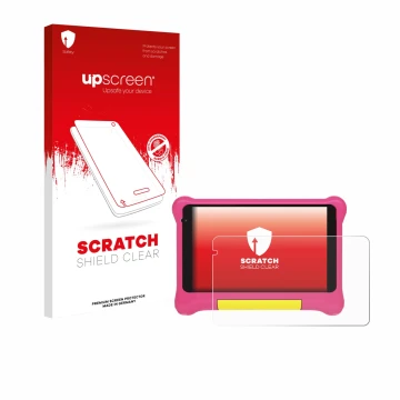 Face avant d’un emballage produit avec le logo de la marque upscreen. À côté, l’appareil Happybe Kids Tablet 7