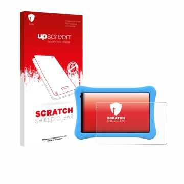 Face avant d’un emballage produit avec le logo de la marque upscreen. À côté, l’appareil Awow funtab 1001 10.1