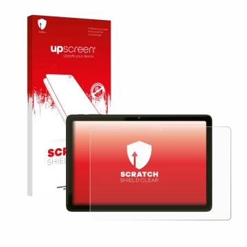 Face avant d’un emballage produit avec le logo de la marque upscreen. À côté, l’appareil VALE Tablet V10A est représenté avec 