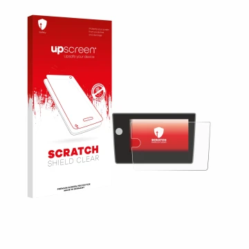 Face avant d’un emballage produit avec le logo de la marque upscreen. À côté, l’appareil Volkswagen Polo Life 2024 est représe