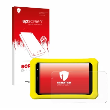 Face avant d’un emballage produit avec le logo de la marque upscreen. À côté, l’appareil Clementoni Clempad 8