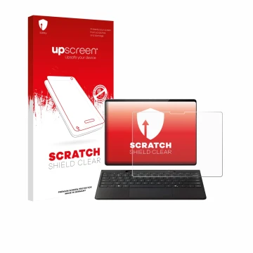 Face avant d’un emballage produit avec le logo de la marque upscreen. À côté, l’appareil Microsoft Surface Pro Copilot+ 13