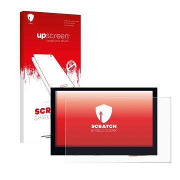 Face avant d’un emballage produit avec le logo de la marque upscreen. À côté, l’appareil Waveshare 4.3