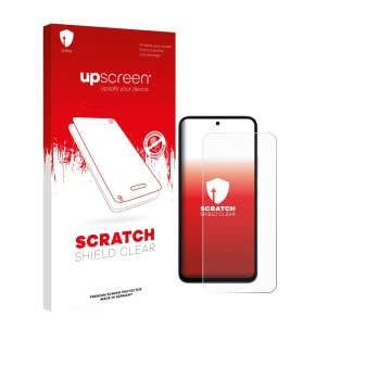 Face avant d’un emballage produit avec le logo de la marque upscreen. À côté, l’appareil Xiaomi Redmi 15 4G est représenté ave