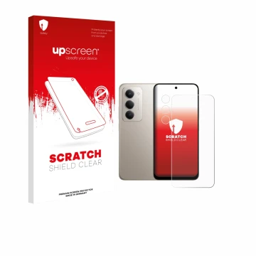 Face avant d’un emballage produit avec le logo de la marque upscreen. À côté, l’appareil Xiaomi Redmi 15 4G (Avant+Caméra) est