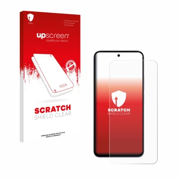 Face avant d’un emballage produit avec le logo de la marque upscreen. À côté, l’appareil Xiaomi Redmi 15 est représenté avec l