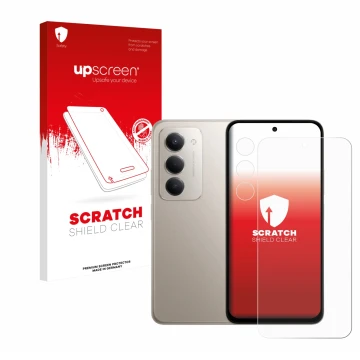 Face avant d’un emballage produit avec le logo de la marque upscreen. À côté, l’appareil Xiaomi Redmi 15 (Avant+Caméra) est re