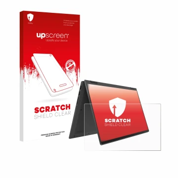 Face avant d’un emballage produit avec le logo de la marque upscreen. À côté, l’appareil Lenovo IdeaPad Flex 5 14ALC05 est rep