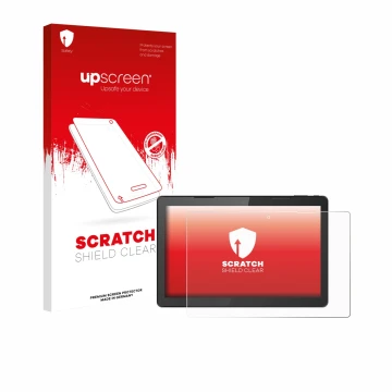 Face avant d’un emballage produit avec le logo de la marque upscreen. À côté, l’appareil Hannspree Pad 13.3