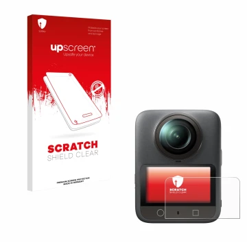 Face avant d’un emballage produit avec le logo de la marque upscreen. À côté, l’appareil DJI Osmo 360 est représenté avec la p