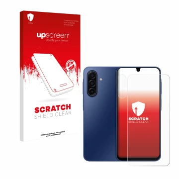 Face avant d’un emballage produit avec le logo de la marque upscreen. À côté, l’appareil Samsung Galaxy A17 5G (Avant+Caméra) 
