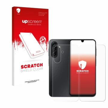 Face avant d’un emballage produit avec le logo de la marque upscreen. À côté, l’appareil Samsung Galaxy A17 5G (Avant+Arrière)