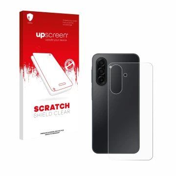 Face avant d’un emballage produit avec le logo de la marque upscreen. À côté, l’appareil Samsung Galaxy A17 5G (Arrière) est r