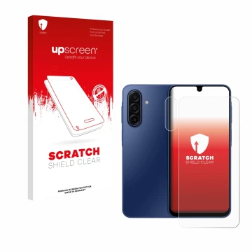 Face avant d’un emballage produit avec le logo de la marque upscreen. À côté, l’appareil Samsung Galaxy A17 4G (Avant+Caméra) 