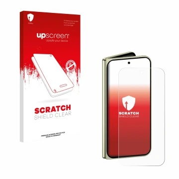 Face avant d’un emballage produit avec le logo de la marque upscreen. À côté, l’appareil Google Pixel 10 Pro Fold est représen