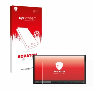 Face avant d’un emballage produit avec le logo de la marque upscreen. À côté, l’appareil Kenwood DMX8021DABS est représenté av