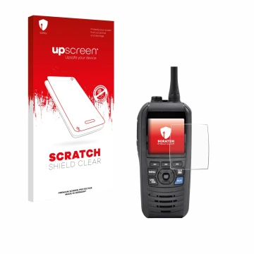 Face avant d’un emballage produit avec le logo de la marque upscreen. À côté, l’appareil Icom IC-M94D est représenté avec la p