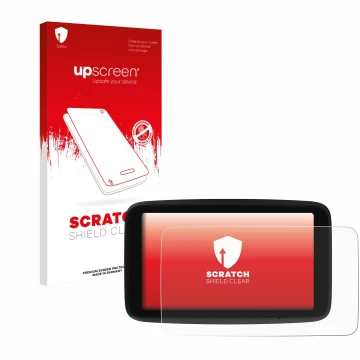 Face avant d’un emballage produit avec le logo de la marque upscreen. À côté, l’appareil TomTom GO Classic 6
