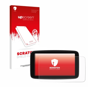 Face avant d’un emballage produit avec le logo de la marque upscreen. À côté, l’appareil TomTom GO Classic 5