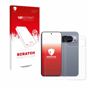 Face avant d’un emballage produit avec le logo de la marque upscreen. À côté, l’appareil Google Pixel 10 Pro (Avant+Arrière) e