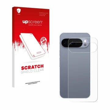 Face avant d’un emballage produit avec le logo de la marque upscreen. À côté, l’appareil Google Pixel 10 Pro XL (Arrière) est 