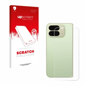 Face avant d’un emballage produit avec le logo de la marque upscreen. À côté, l’appareil Google Pixel 10 Pro Fold (Arrière) es