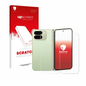 Face avant d’un emballage produit avec le logo de la marque upscreen. À côté, l’appareil Google Pixel 10 Pro Fold (Avant+Arriè