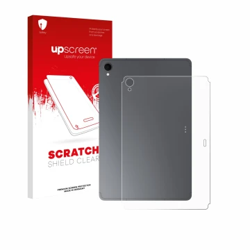 Face avant d’un emballage produit avec le logo de la marque upscreen. À côté, l’appareil Samsung Galaxy Tab S11 (Arrière) est 