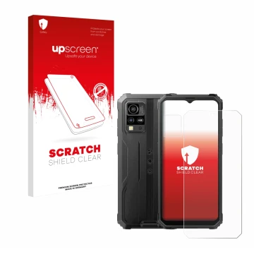 Face avant d’un emballage produit avec le logo de la marque upscreen. À côté, l’appareil Blackview BV4800 SE (Avant+Caméra) es