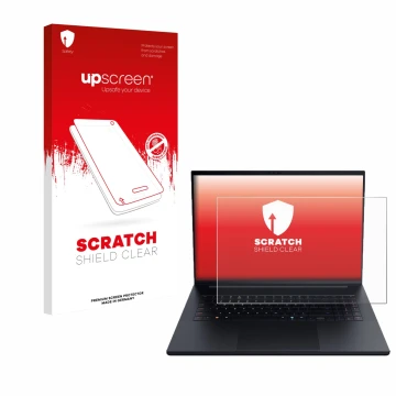 Face avant d’un emballage produit avec le logo de la marque upscreen. À côté, l’appareil Razer Blade 18 2025 est représenté av