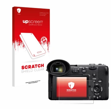 Face avant d’un emballage produit avec le logo de la marque upscreen. À côté, l’appareil Sony Cinema Line FX2 est représenté a