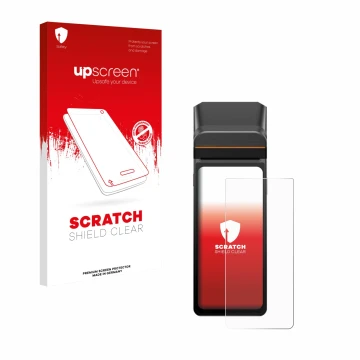 Face avant d’un emballage produit avec le logo de la marque upscreen. À côté, l’appareil Sunmi V3H est représenté avec la prot