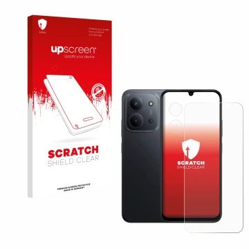 Face avant d’un emballage produit avec le logo de la marque upscreen. À côté, l’appareil Xiaomi Redmi 15C (Avant+Caméra) est r