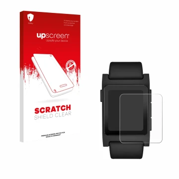 Face avant d’un emballage produit avec le logo de la marque upscreen. À côté, l’appareil Pebble 2 Duo 2025 est représenté avec
