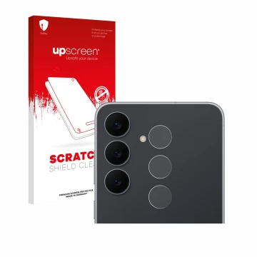 Face avant d’un emballage produit avec le logo de la marque upscreen. À côté, l’appareil Samsung Galaxy S25 FE (Caméra UNIQUEM