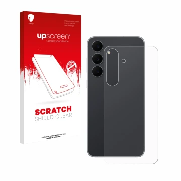 Face avant d’un emballage produit avec le logo de la marque upscreen. À côté, l’appareil Samsung Galaxy S25 FE (Arrière) est r