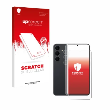 Face avant d’un emballage produit avec le logo de la marque upscreen. À côté, l’appareil Samsung Galaxy S25 FE (Avant+Caméra) 