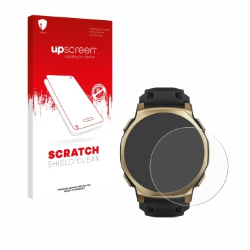 Face avant d’un emballage produit avec le logo de la marque upscreen. À côté, l’appareil Huami Amazfit T-Rex 3 Pro (44 mm) est