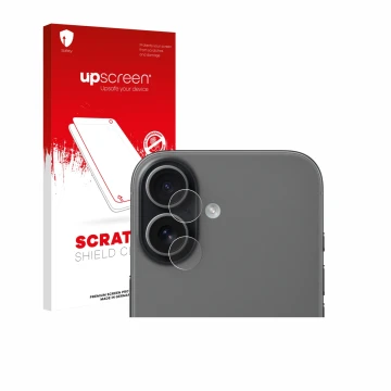 Face avant d’un emballage produit avec le logo de la marque upscreen. À côté, l’appareil Apple iPhone 17 (Caméra UNIQUEMENT) e