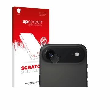 Face avant d’un emballage produit avec le logo de la marque upscreen. À côté, l’appareil Apple iPhone Air (Caméra UNIQUEMENT) 
