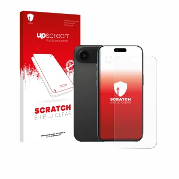 Face avant d’un emballage produit avec le logo de la marque upscreen. À côté, l’appareil Apple iPhone Air (Avant+Caméra) est r