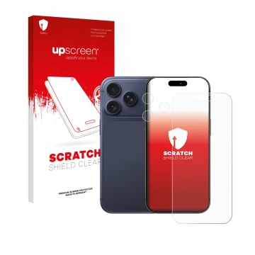 Face avant d’un emballage produit avec le logo de la marque upscreen. À côté, l’appareil Apple iPhone 17 Pro (Avant+Caméra) es