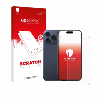 Face avant d’un emballage produit avec le logo de la marque upscreen. À côté, l’appareil Apple iPhone 17 Pro Max (Avant+Caméra