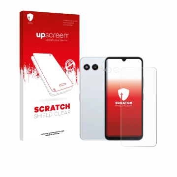 Face avant d’un emballage produit avec le logo de la marque upscreen. À côté, l’appareil Telekom T Phone 3 (Avant+Caméra) est 