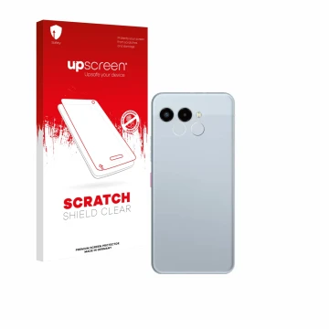 Face avant d’un emballage produit avec le logo de la marque upscreen. À côté, l’appareil Telekom T Phone 3 (Caméra UNIQUEMENT)
