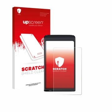 Face avant d’un emballage produit avec le logo de la marque upscreen. À côté, l’appareil Vasco Translator Q1 est représenté av